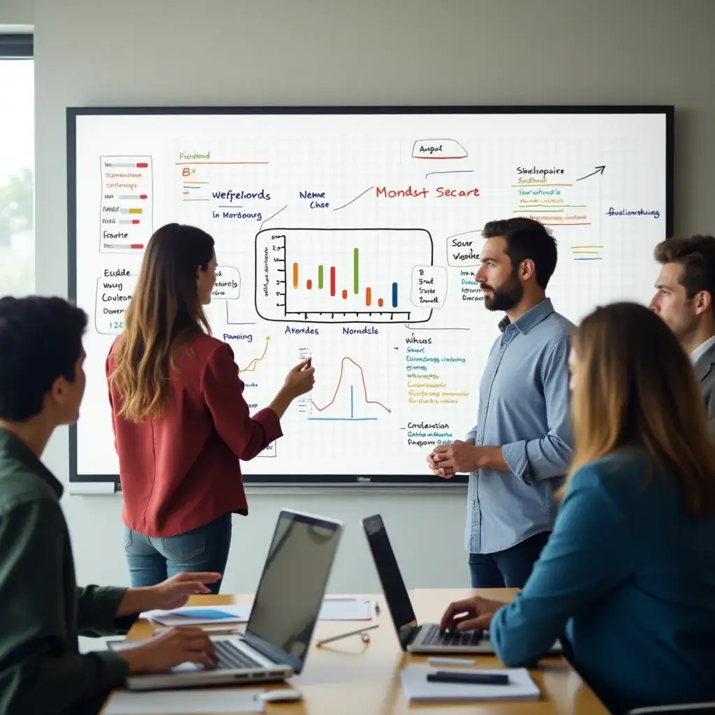 Image showing a digital marketing team discussing SEO strategies on a whiteboard, with charts and keywords written